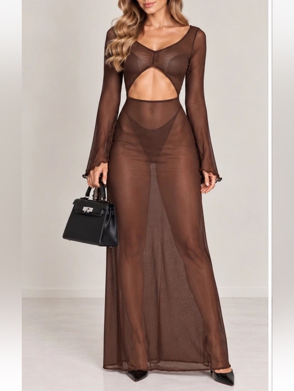 Sz Small US 4 ❤️ Haute Long Dress Maxi Long Sleeve Mesh Espresso Sheer Brown